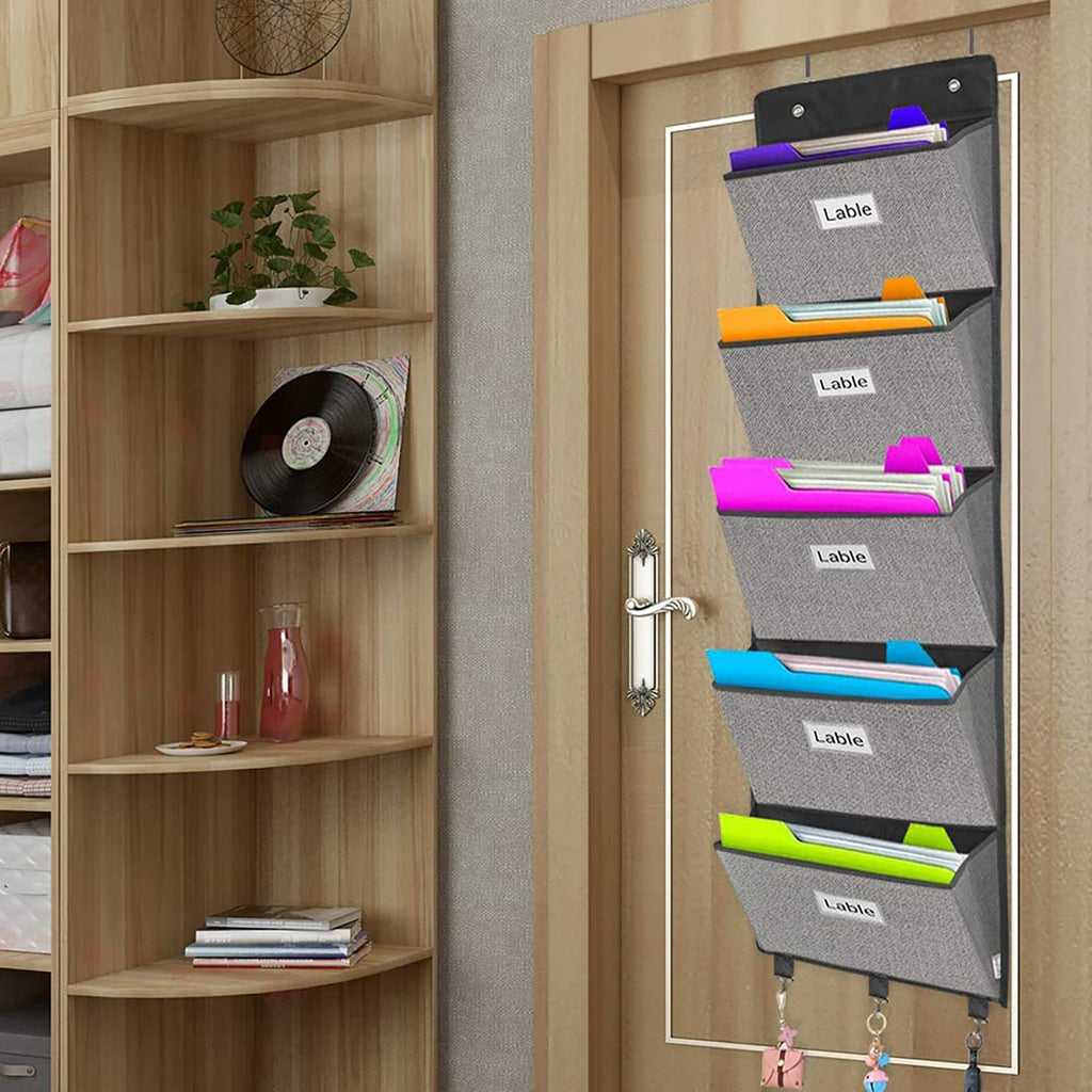 Hanging Wall File Organizer — Over-Door 5-Pocket Magazine & Document Holder (Grey)
