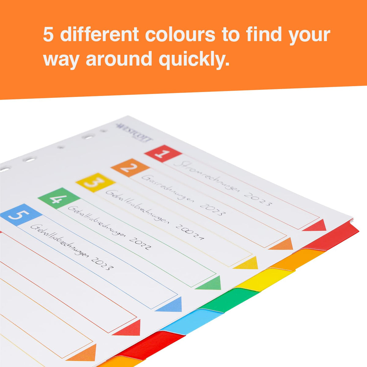 Index dividers for A4 folders — 10 writable tabs, 5 colours, 160 g/m²