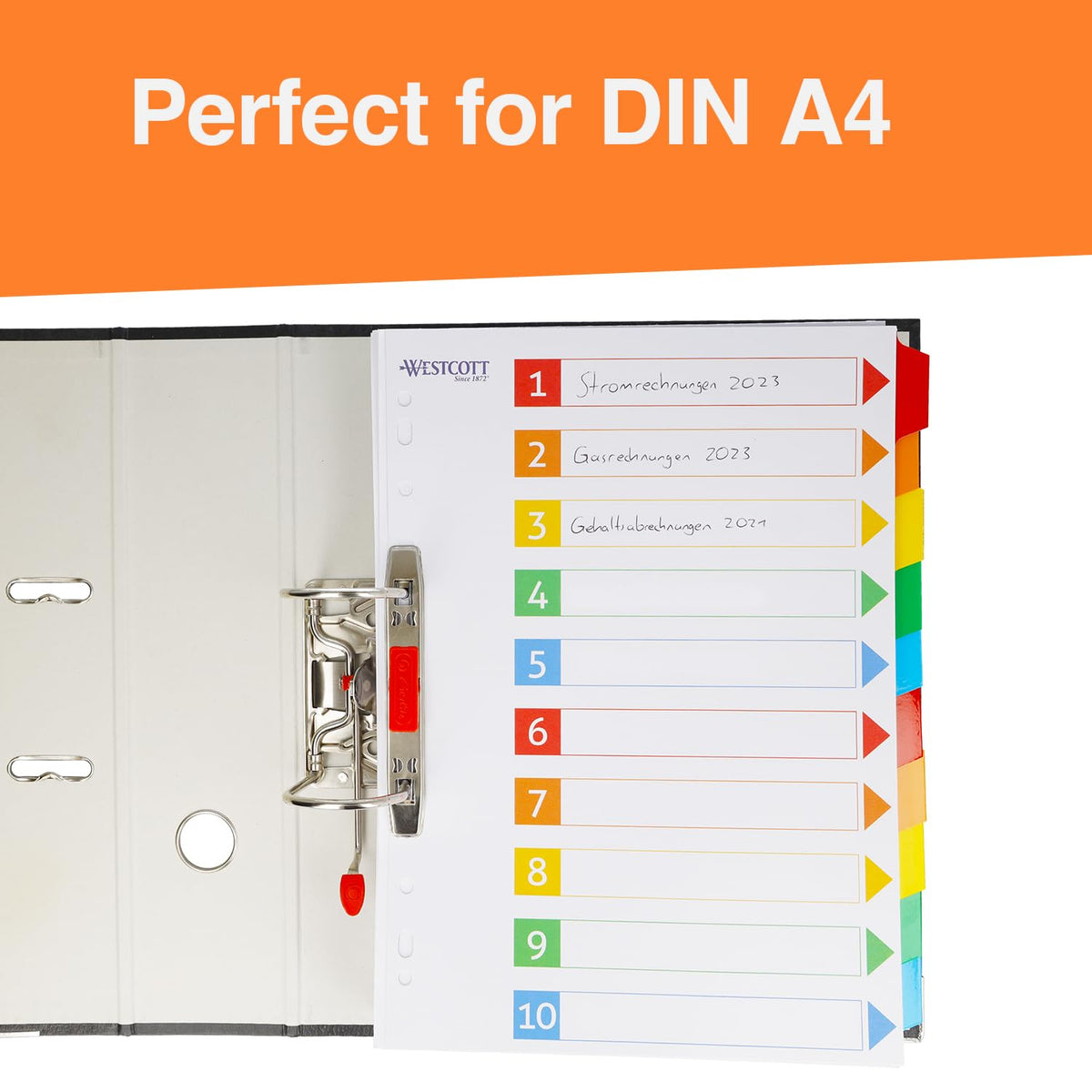 Index dividers for A4 folders — 10 writable tabs, 5 colours, 160 g/m²