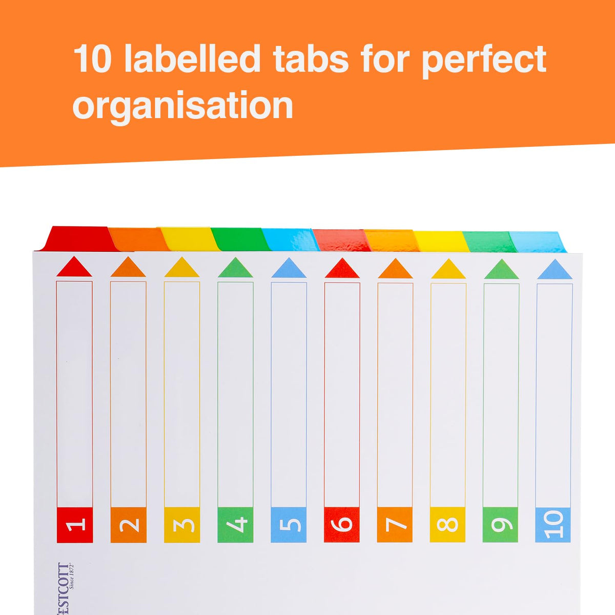 Index dividers for A4 folders — 10 writable tabs, 5 colours, 160 g/m²