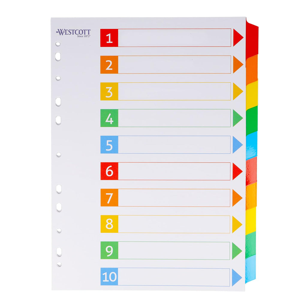 Index dividers for A4 folders — 10 writable tabs, 5 colours, 160 g/m²