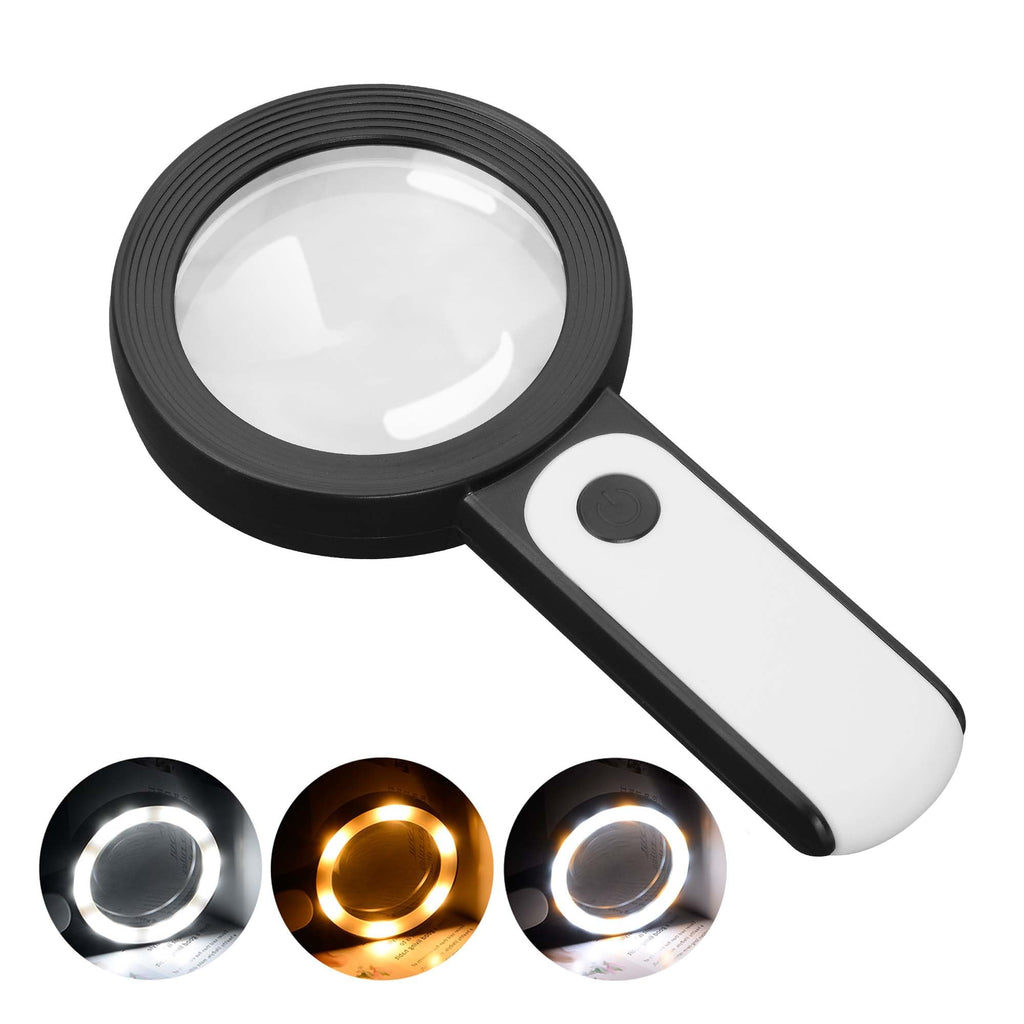 JMH Magnifying Glass with Light, Handheld Large Magnifying Glass 18LED Cold and Warm Light with 3 Modes, Illuminated Lighted Magnifier for Seniors Reading, Coins, Jewelry