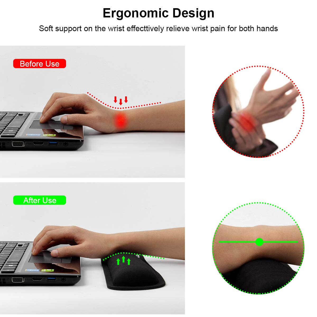Keyboard Wrist Rest — Ergonomic Raised Memory Foam, Anti-Slip (Black)