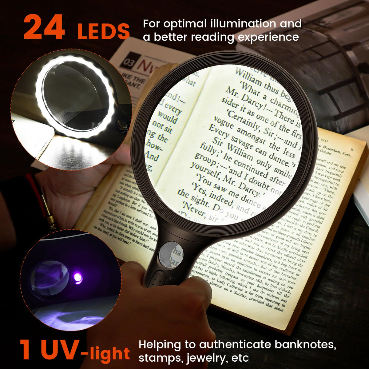 Large Magnifying Glass with Light 10X Illuminated Handheld Lighted Magnifier 24LED 1UV Light for Seniors, Reading, Coins, Jewelry, Close work