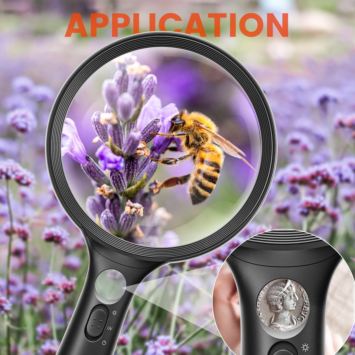 Large Magnifying Glass with Light 10X Illuminated Handheld Lighted Magnifier 24LED 1UV Light for Seniors, Reading, Coins, Jewelry, Close work