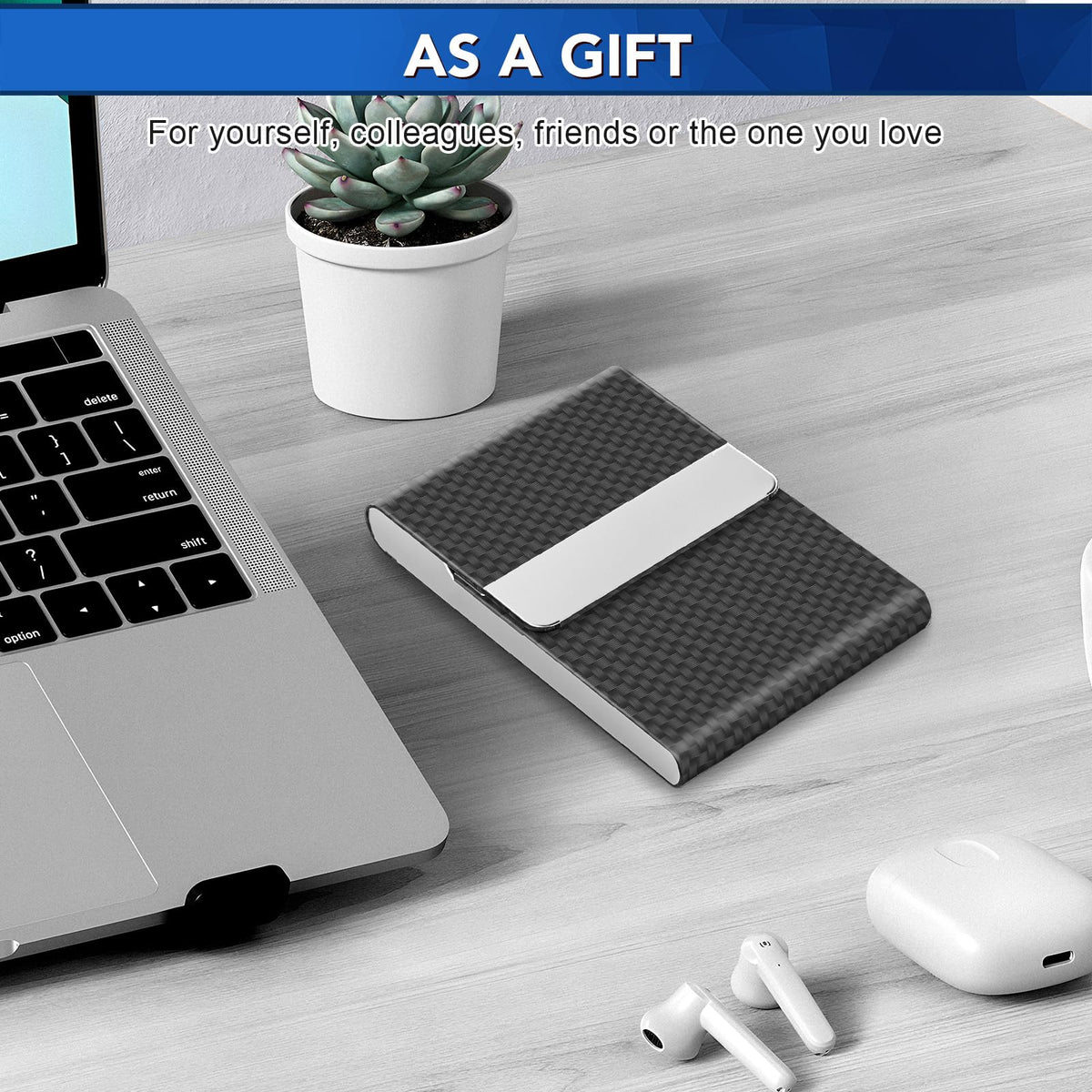 Leather RFID Blocking Metal Business Card Holder with Magnetic Clasp