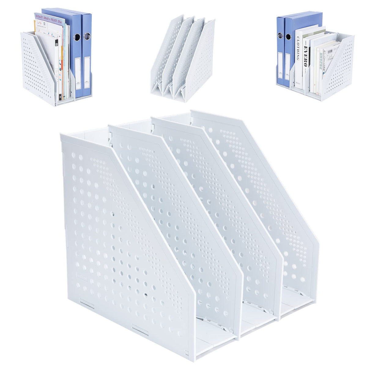 Magazine Rack Folding Bookshelf, 3 Compartments — Light Grey