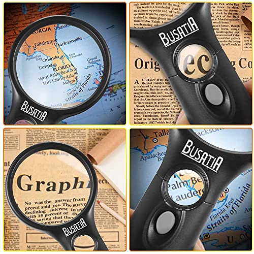 Magnifying Glass with Light, BUSATIA LED Illuminated Magnifier with 3X 45X High Magnification, Lightweight Handheld Magnifying Glass for Reading, Inspection, Jewellery, Hobbies & Crafts