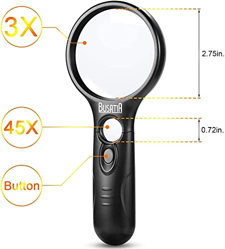 Magnifying Glass with Light, BUSATIA LED Illuminated Magnifier with 3X 45X High Magnification, Lightweight Handheld Magnifying Glass for Reading, Inspection, Jewellery, Hobbies & Crafts
