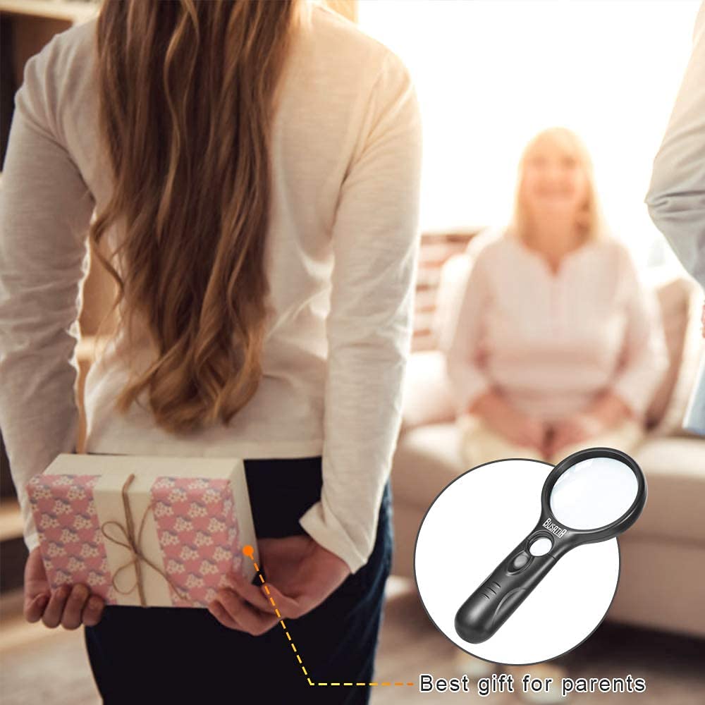 Magnifying Glass with Light, BUSATIA LED Illuminated Magnifier with 3X 45X High Magnification, Lightweight Handheld Magnifying Glass for Reading, Inspection, Jewellery, Hobbies & Crafts