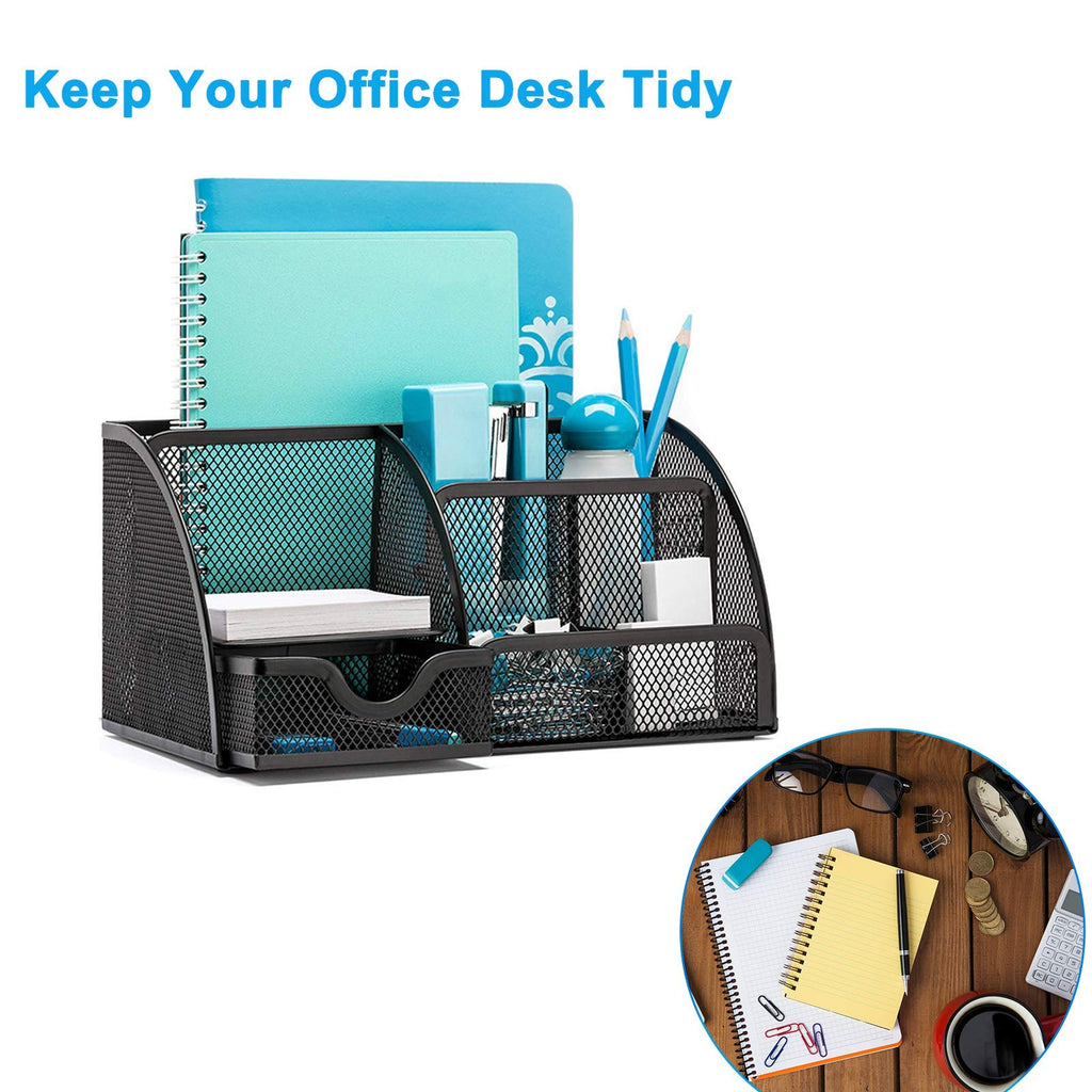 Mesh Desk Organizer — 6-Compartment Pen Holder, Black