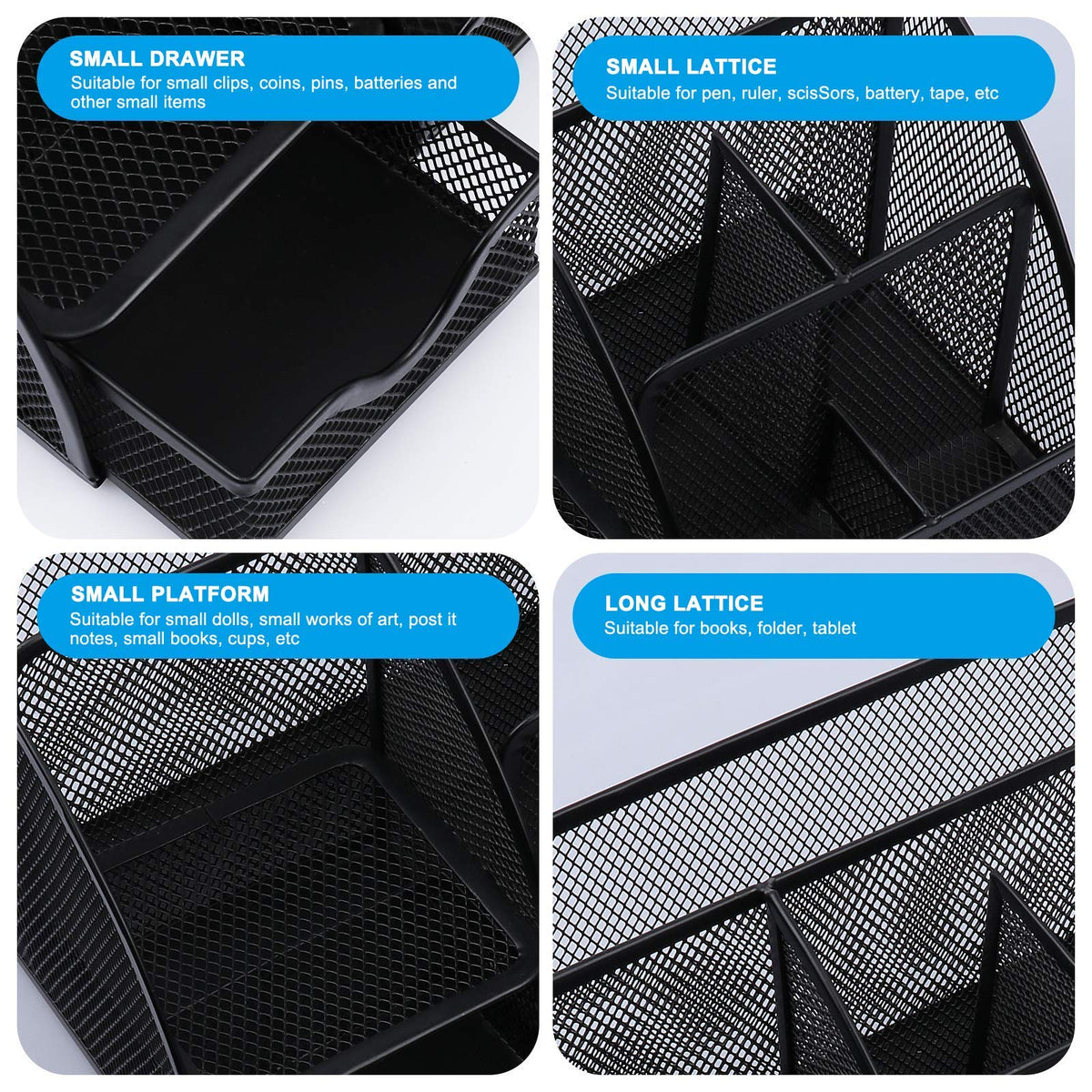 Mesh Desk Organizer — 6-Compartment Pen Holder, Black