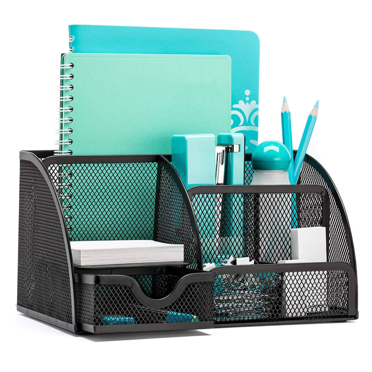 Mesh Desk Organizer — 6-Compartment Pen Holder, Black