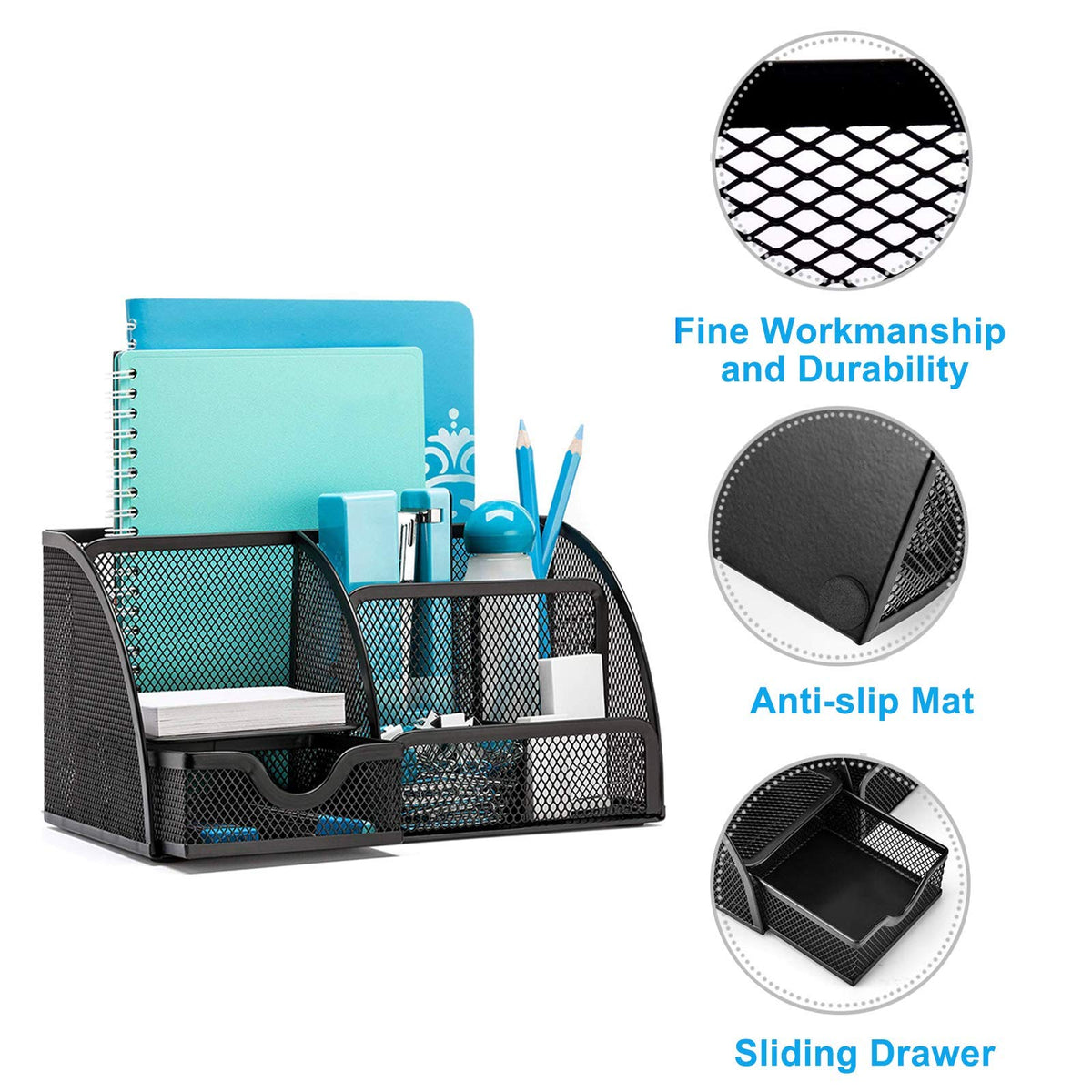 Mesh Desk Organizer — 6-Compartment Pen Holder, Black