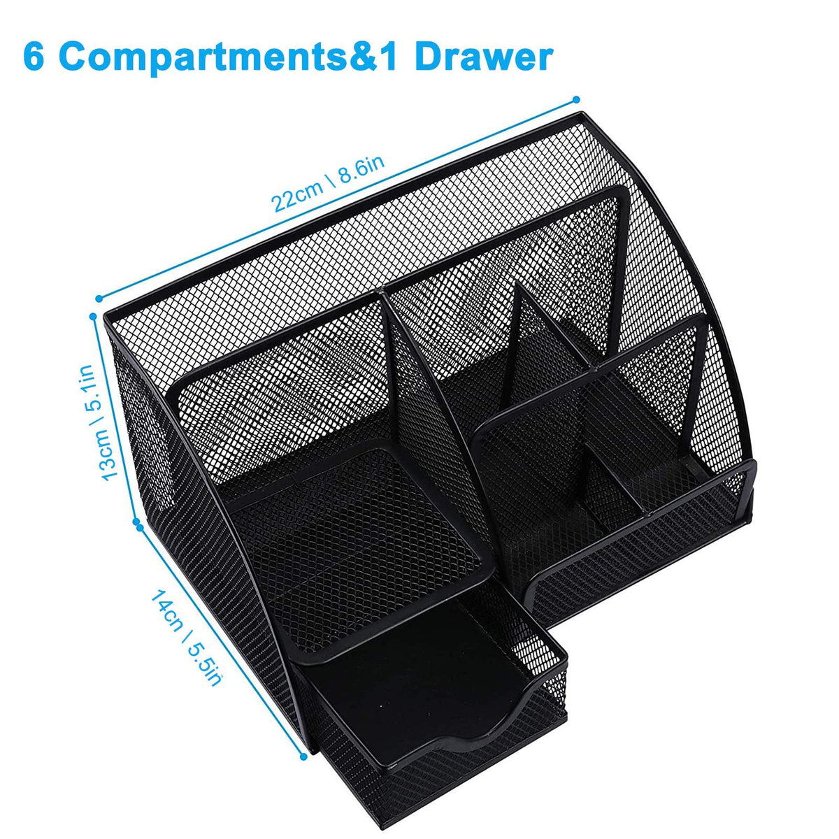 Mesh Desk Organizer — 6-Compartment Pen Holder, Black