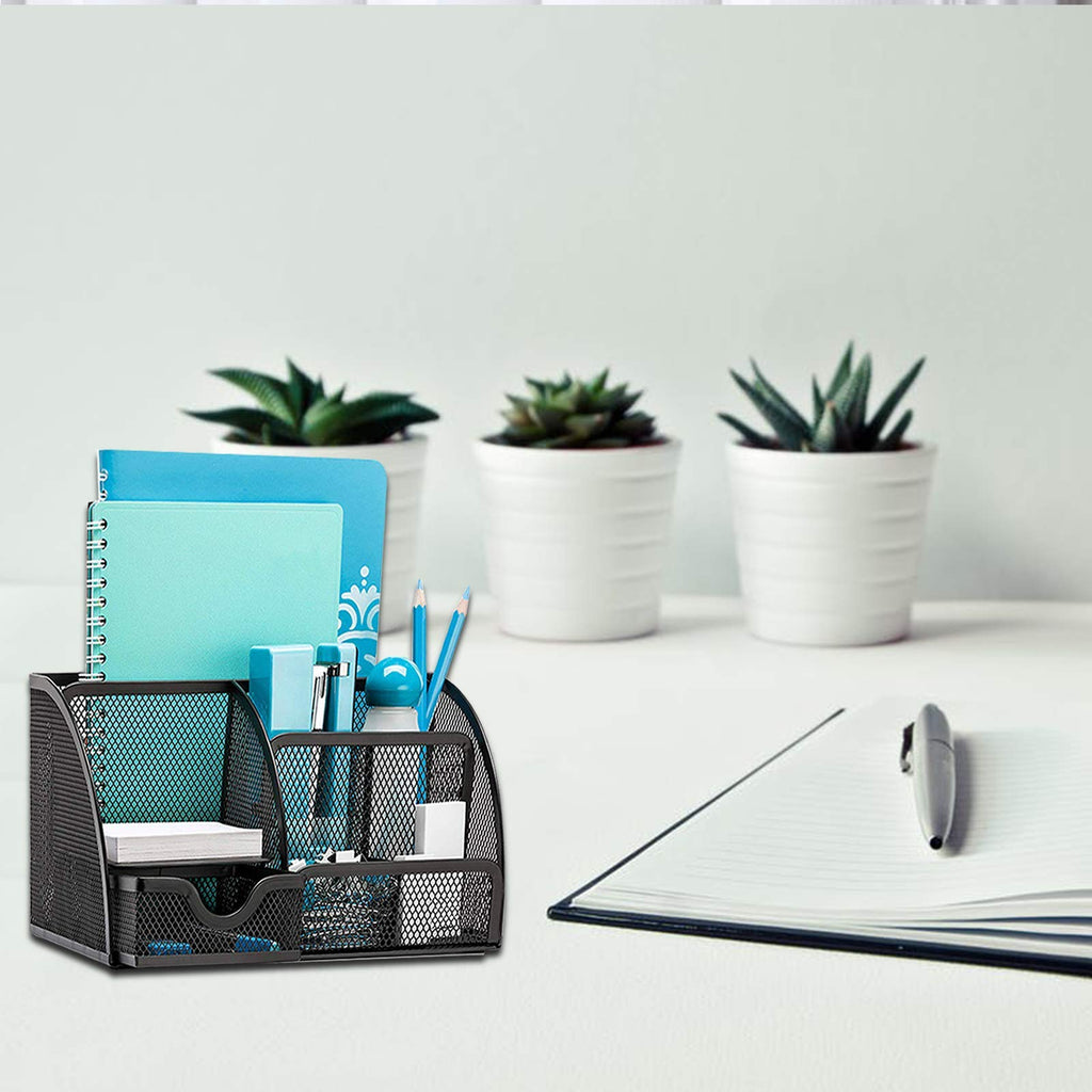 Mesh Desk Organizer — 6-Compartment Pen Holder, Black
