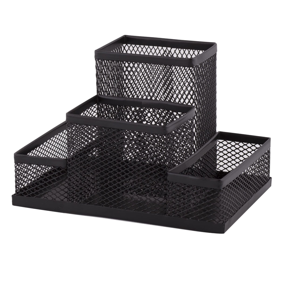 Mesh Metal Desk Organizer, 4-Compartment Pen & Memo Holder — Black