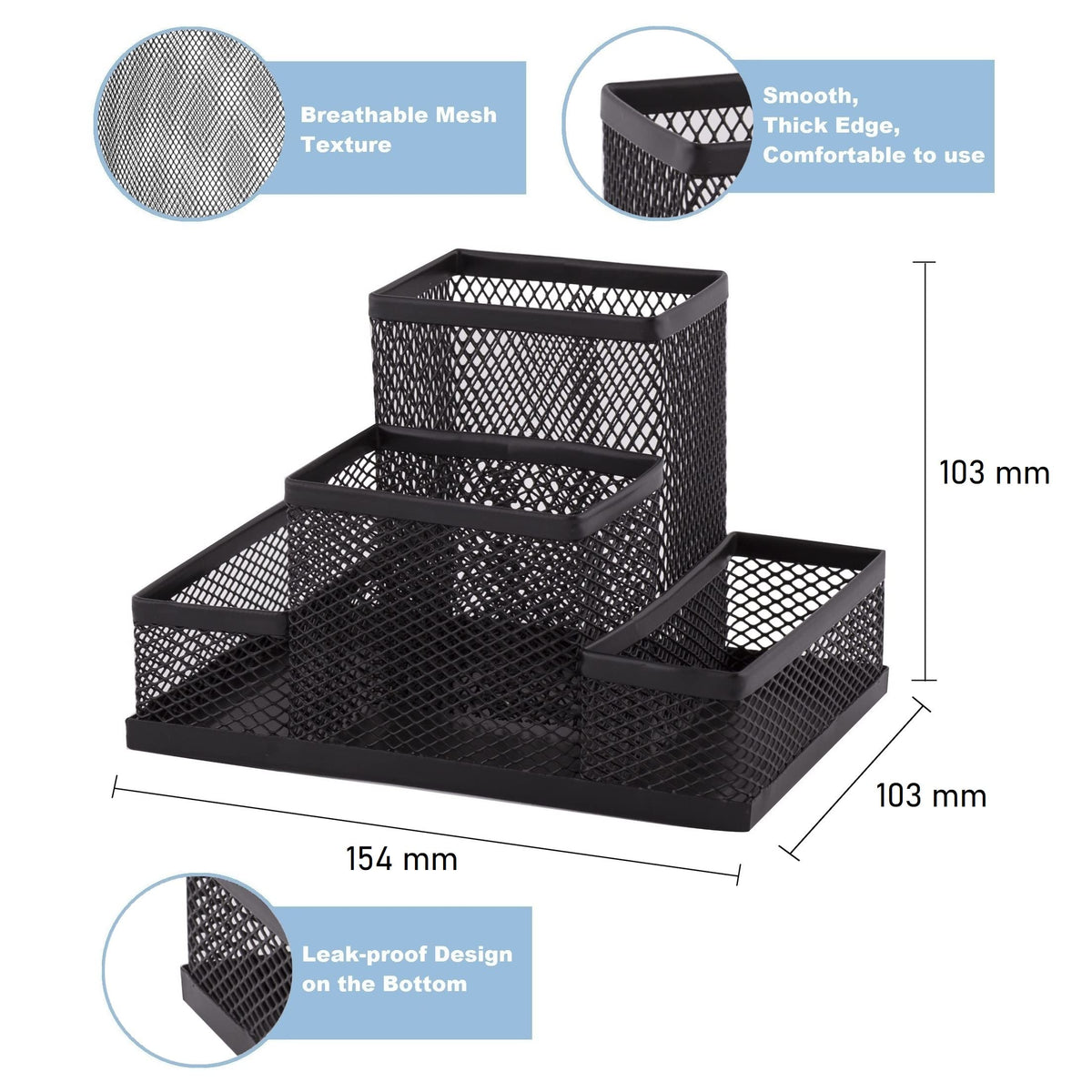 Mesh Metal Desk Organizer, 4-Compartment Pen & Memo Holder — Black