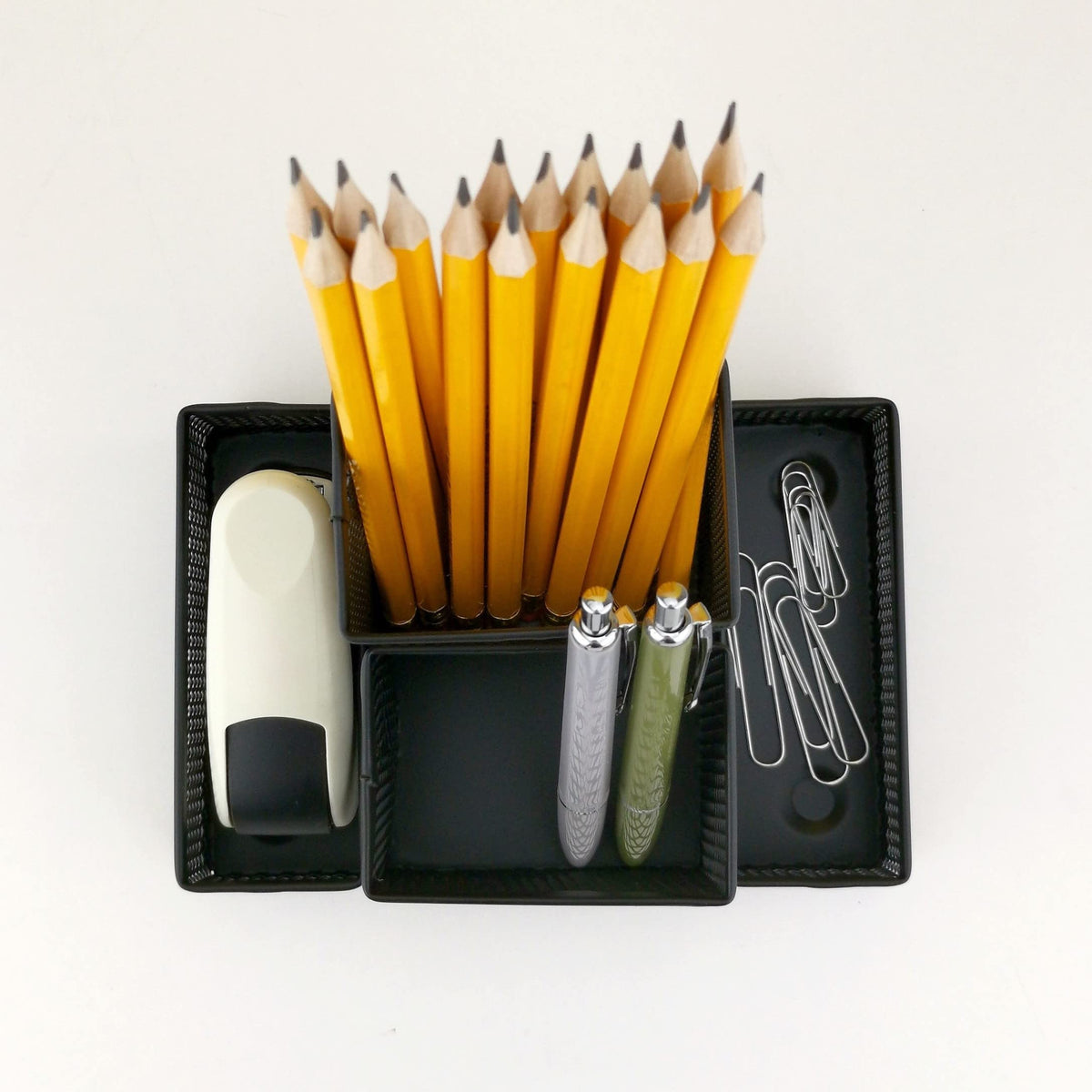Mesh Metal Desk Organizer, 4-Compartment Pen & Memo Holder — Black