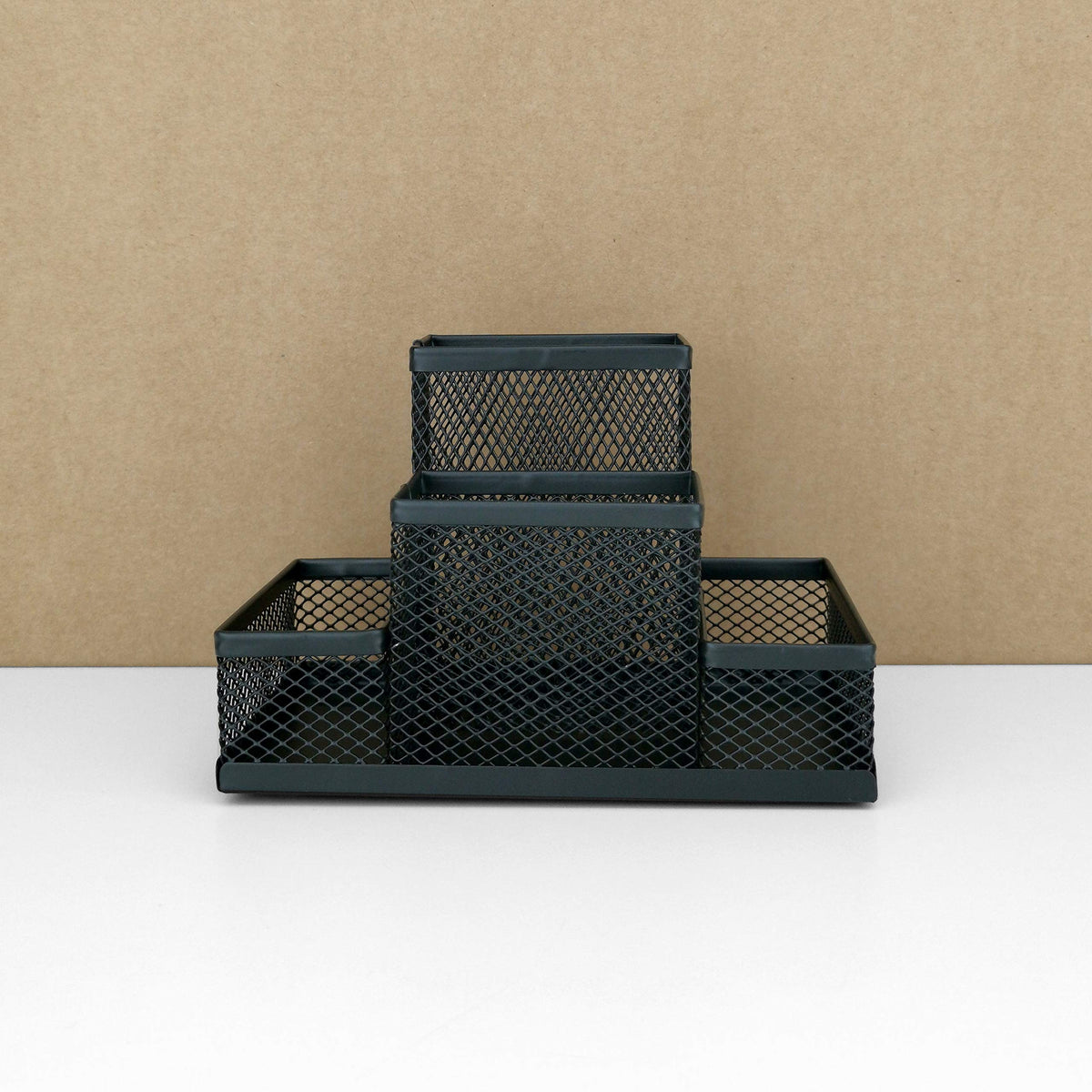 Mesh Metal Desk Organizer, 4-Compartment Pen & Memo Holder — Black