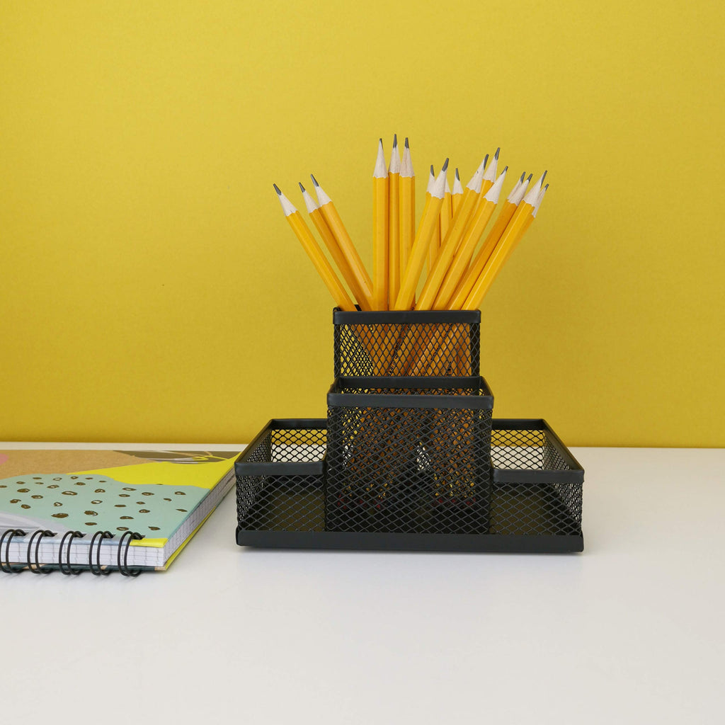 Mesh Metal Desk Organizer, 4-Compartment Pen & Memo Holder — Black