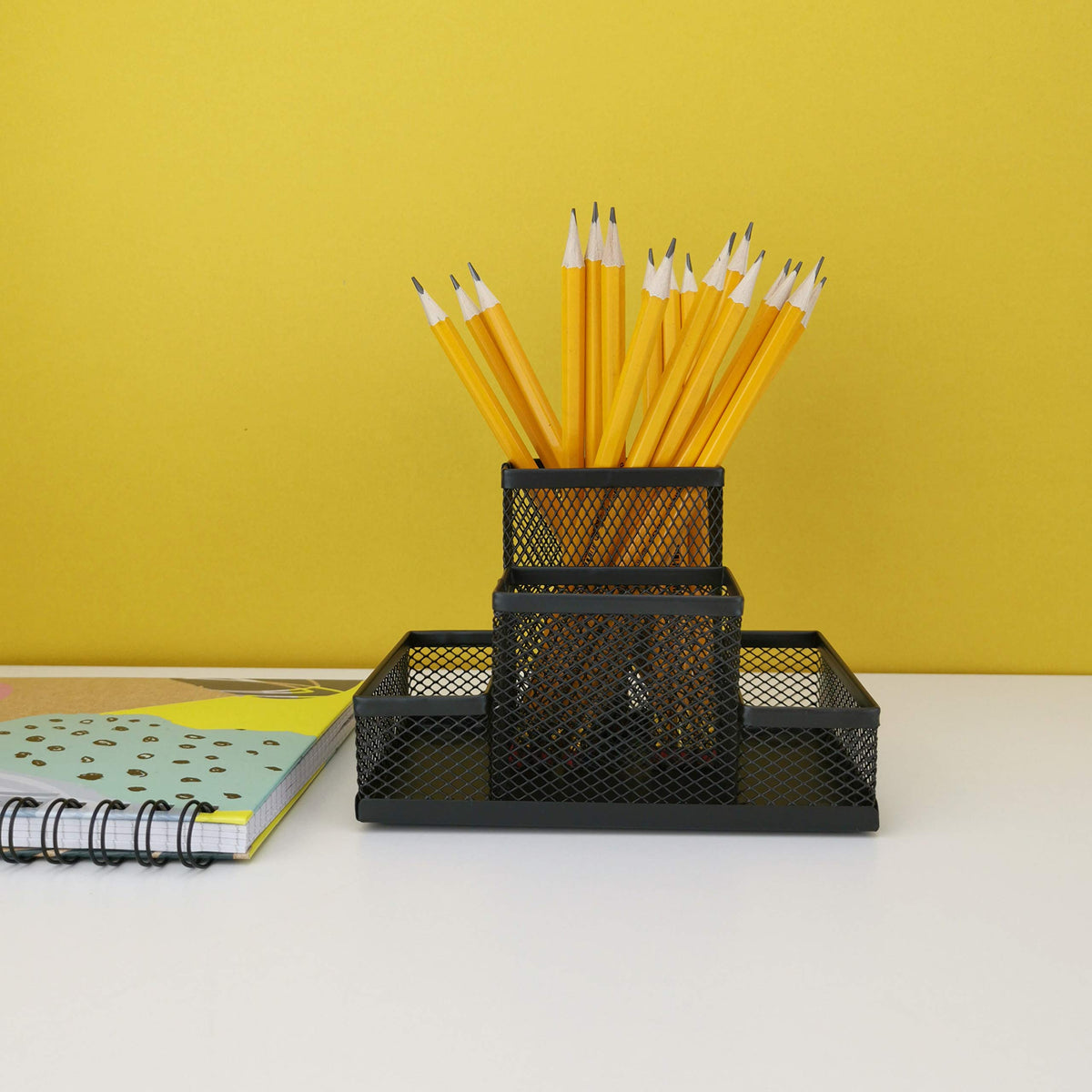Mesh Metal Desk Organizer, 4-Compartment Pen & Memo Holder — Black