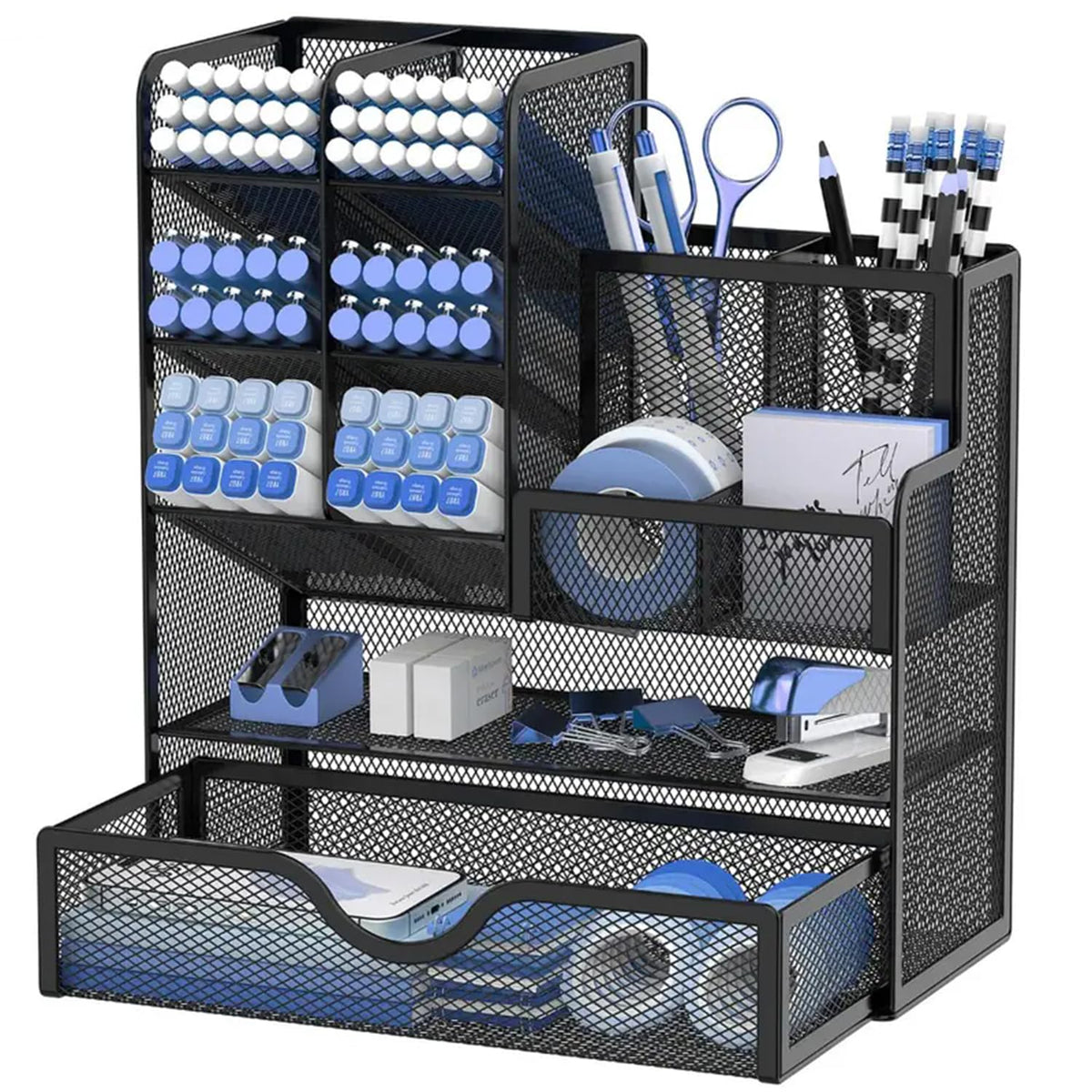 Mesh Pen Holder Organizer with Drawer — Multi-Functional Desk Pencil Holder