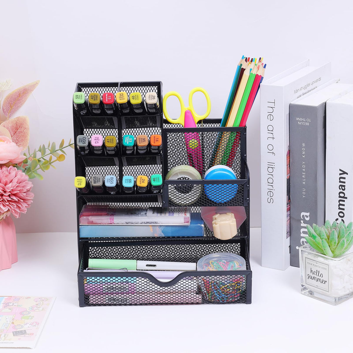 Mesh Pen Holder Organizer with Drawer — Multi-Functional Desk Pencil Holder