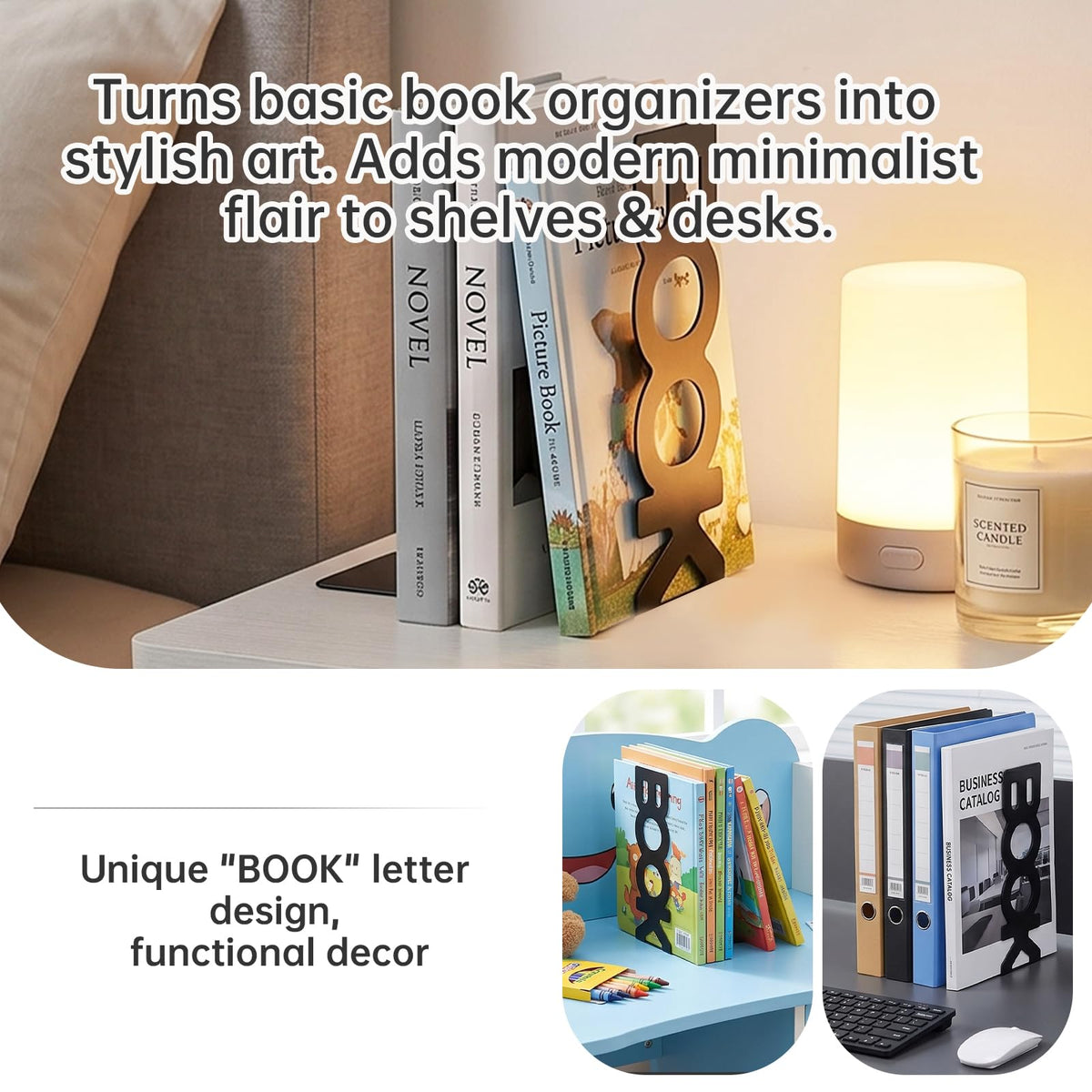 Metal Bookends Vertical BOOK Design with Non-Slip Pads 21 x 8 x 9 cm White