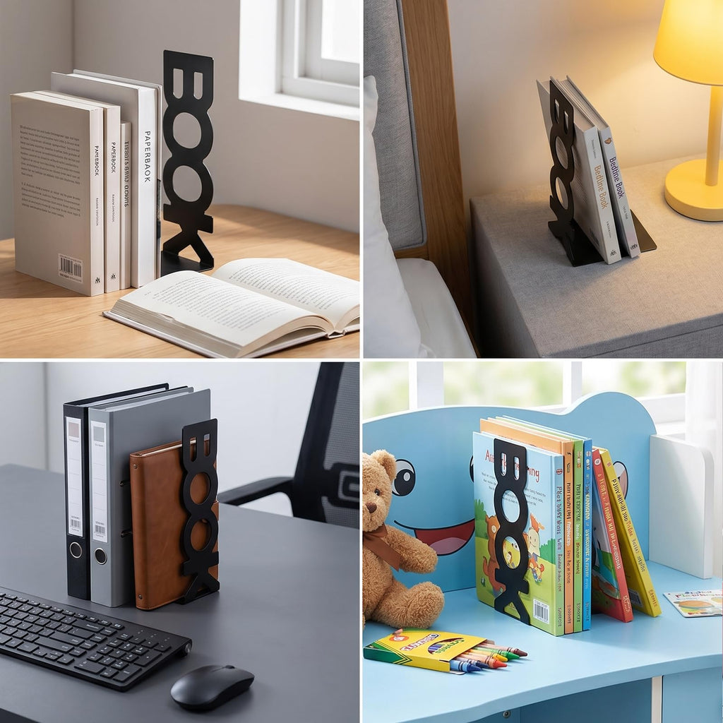 Metal Bookends Vertical BOOK Design with Non-Slip Pads 21 x 8 x 9 cm White