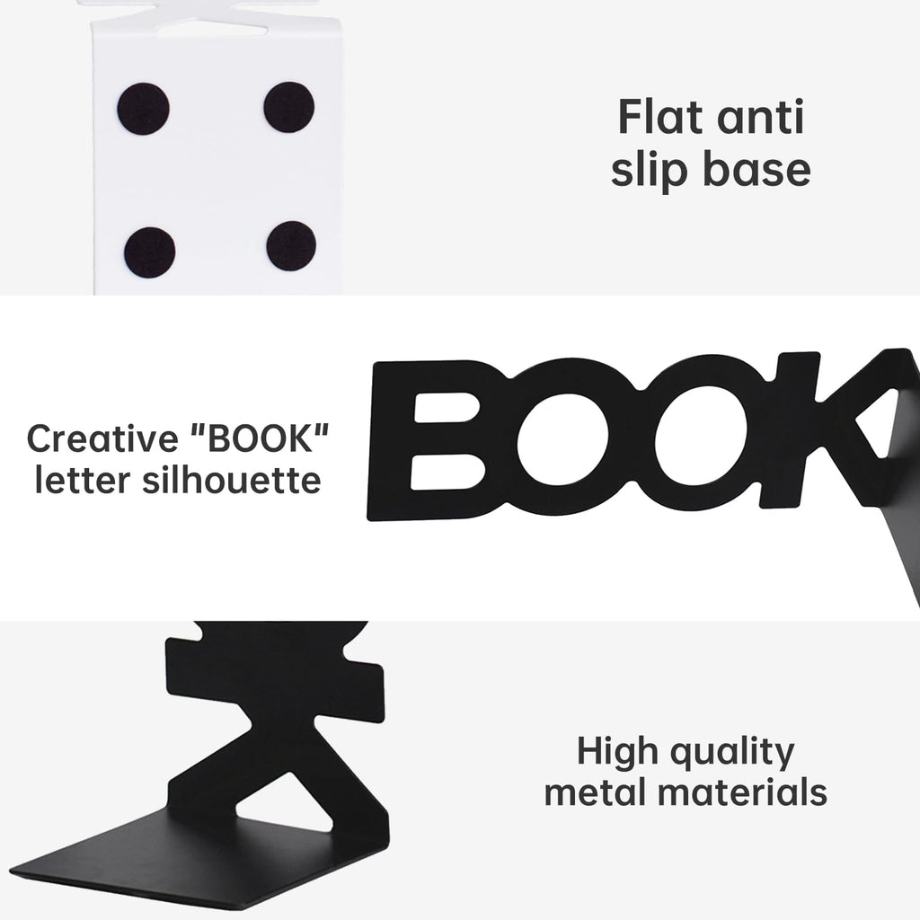 Metal Bookends Vertical BOOK Design with Non-Slip Pads 21 x 8 x 9 cm White