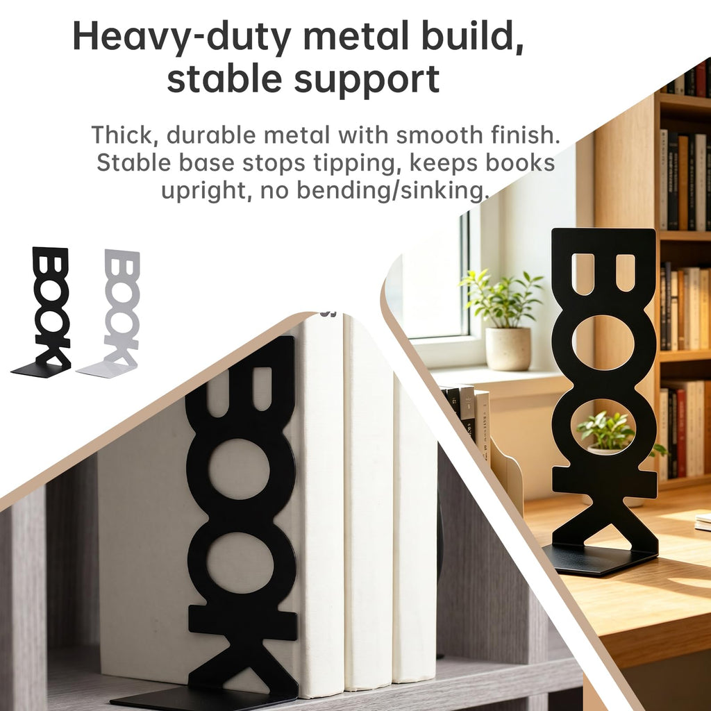 Metal Bookends Vertical BOOK Design with Non-Slip Pads 21 x 8 x 9 cm White