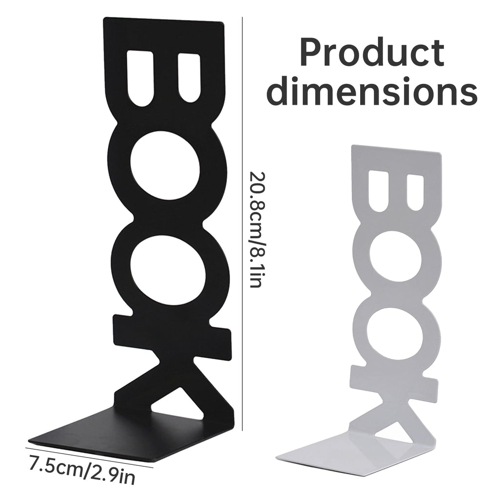 Metal Bookends Vertical BOOK Design with Non-Slip Pads 21 x 8 x 9 cm White