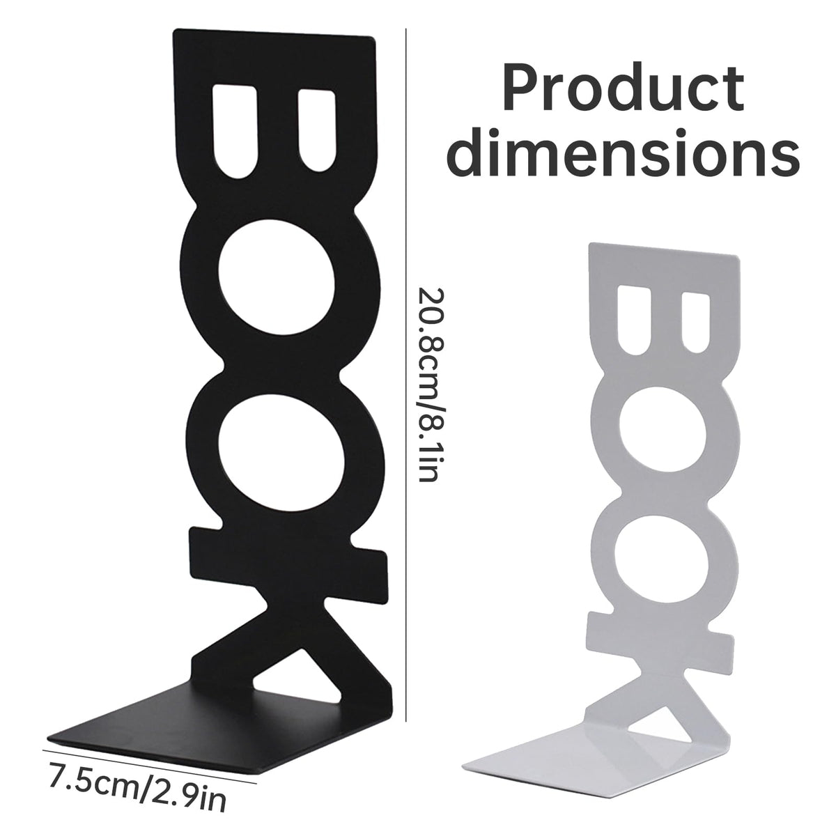 Metal Bookends Vertical BOOK Design with Non-Slip Pads 21 x 8 x 9 cm White