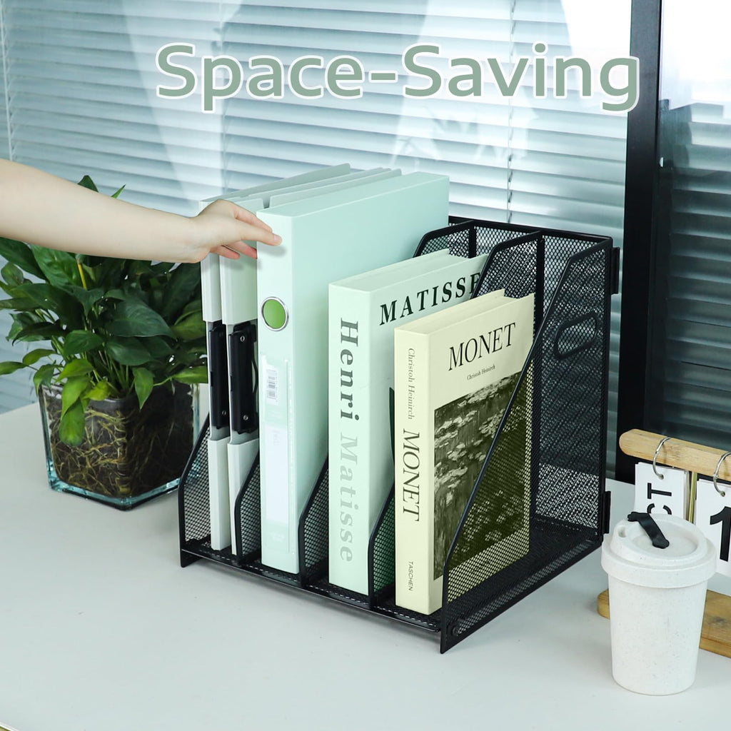 Metal Magazine File Holder for Desk — 4-Compartment A4 Mesh Rack, Black