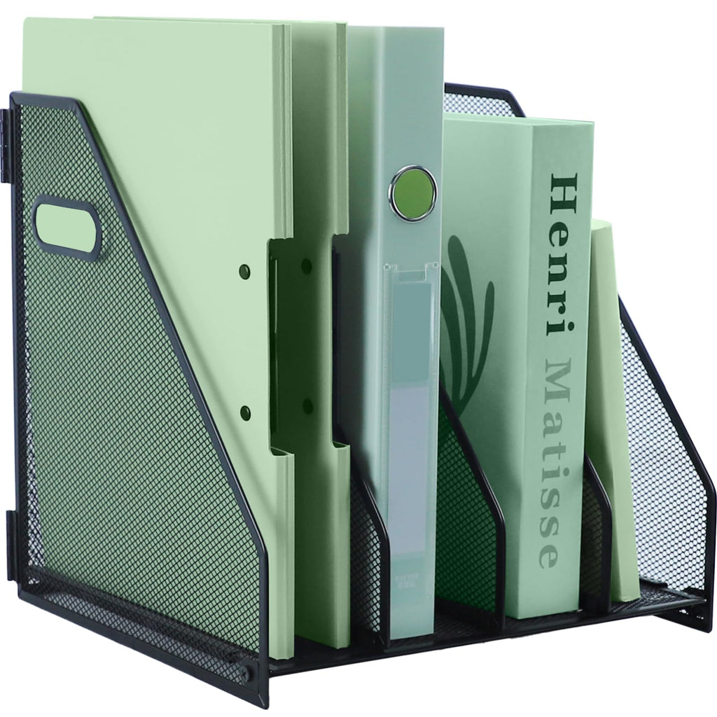 Metal Magazine File Holder for Desk — 4-Compartment A4 Mesh Rack, Black