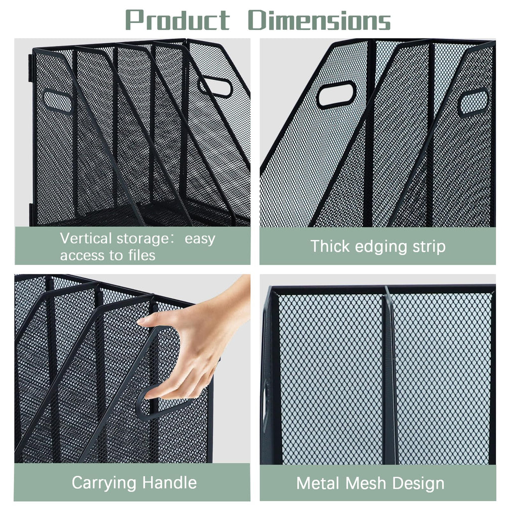 Metal Magazine File Holder for Desk — 4-Compartment A4 Mesh Rack, Black