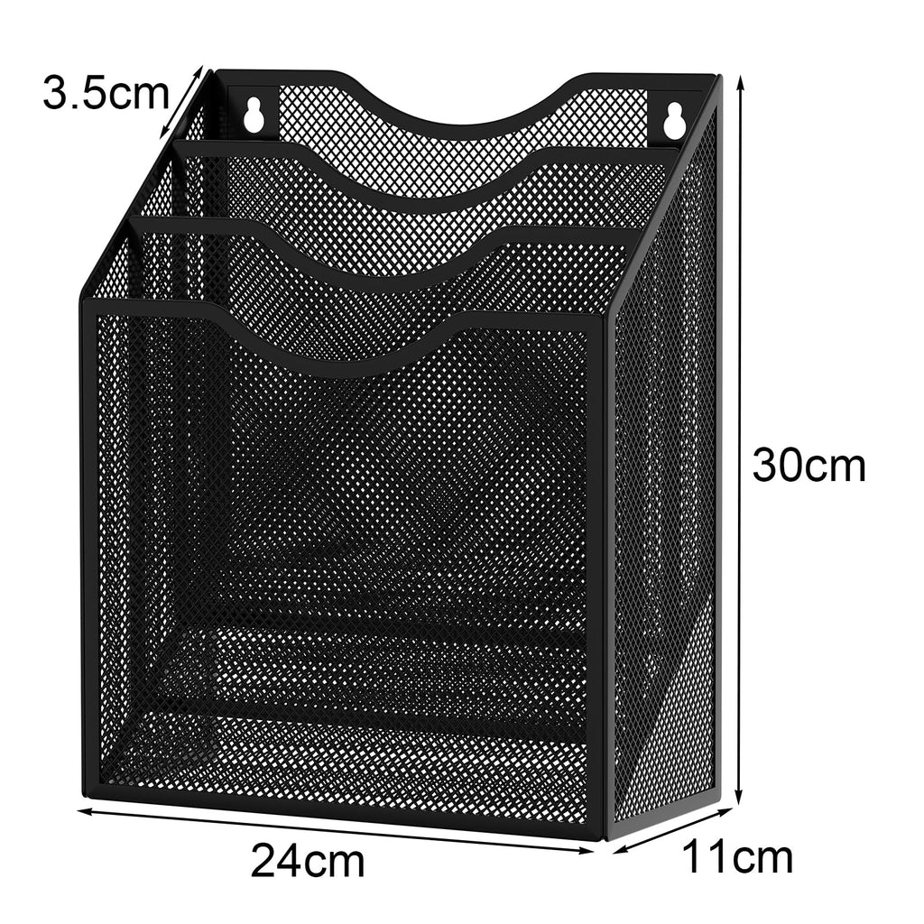 Metal Mesh 3-Tier A4 Wall/Desk Magazine & File Holder — Black