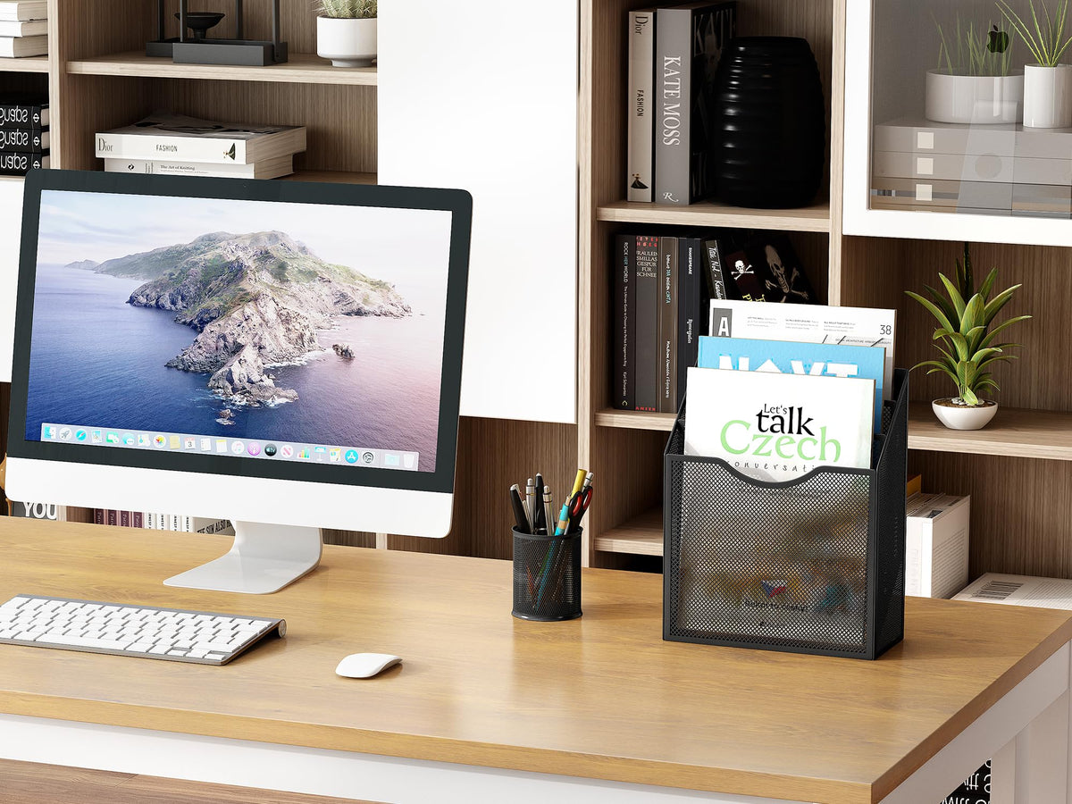 Metal Mesh 3-Tier A4 Wall/Desk Magazine & File Holder — Black