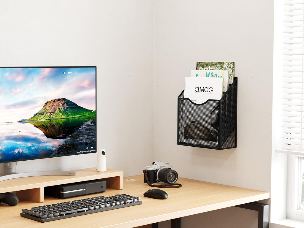 Metal Mesh 3-Tier A4 Wall/Desk Magazine & File Holder — Black