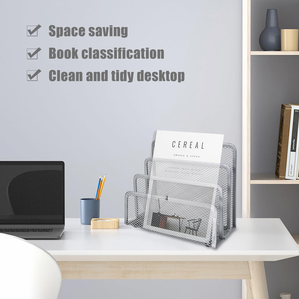 Metal Mesh Letter Sorter Desk Organizer — 3-Compartment Silver