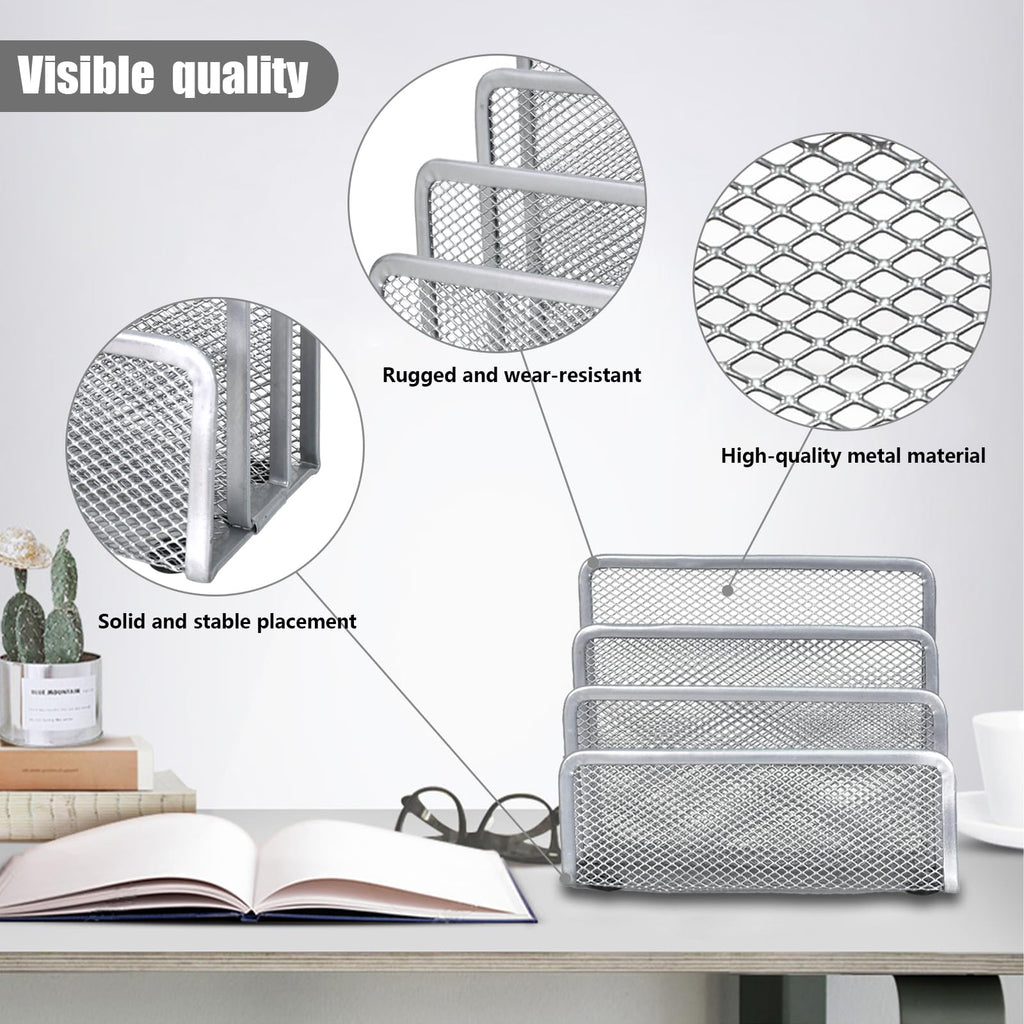 Metal Mesh Letter Sorter Desk Organizer — 3-Compartment Silver