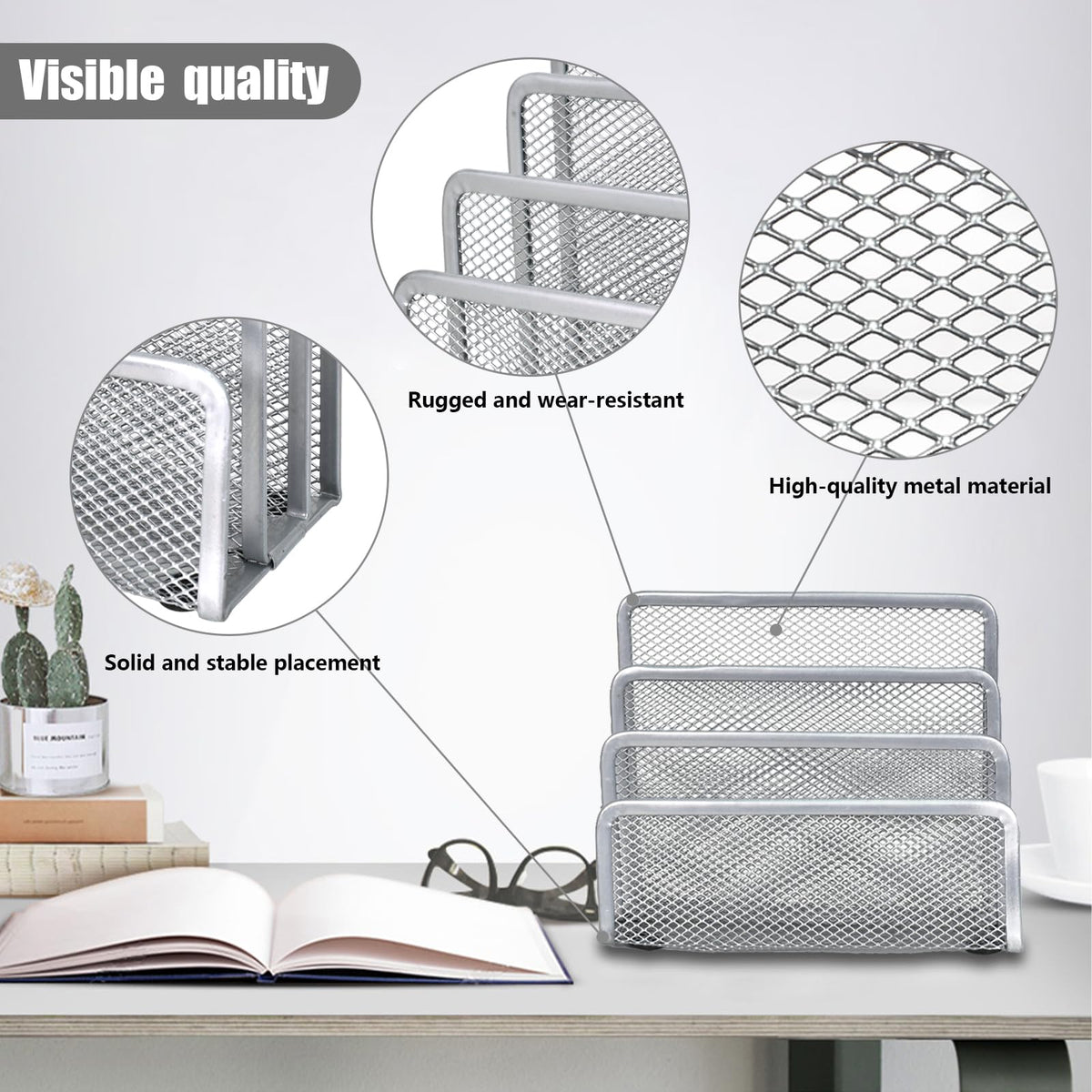 Metal Mesh Letter Sorter Desk Organizer — 3-Compartment Silver