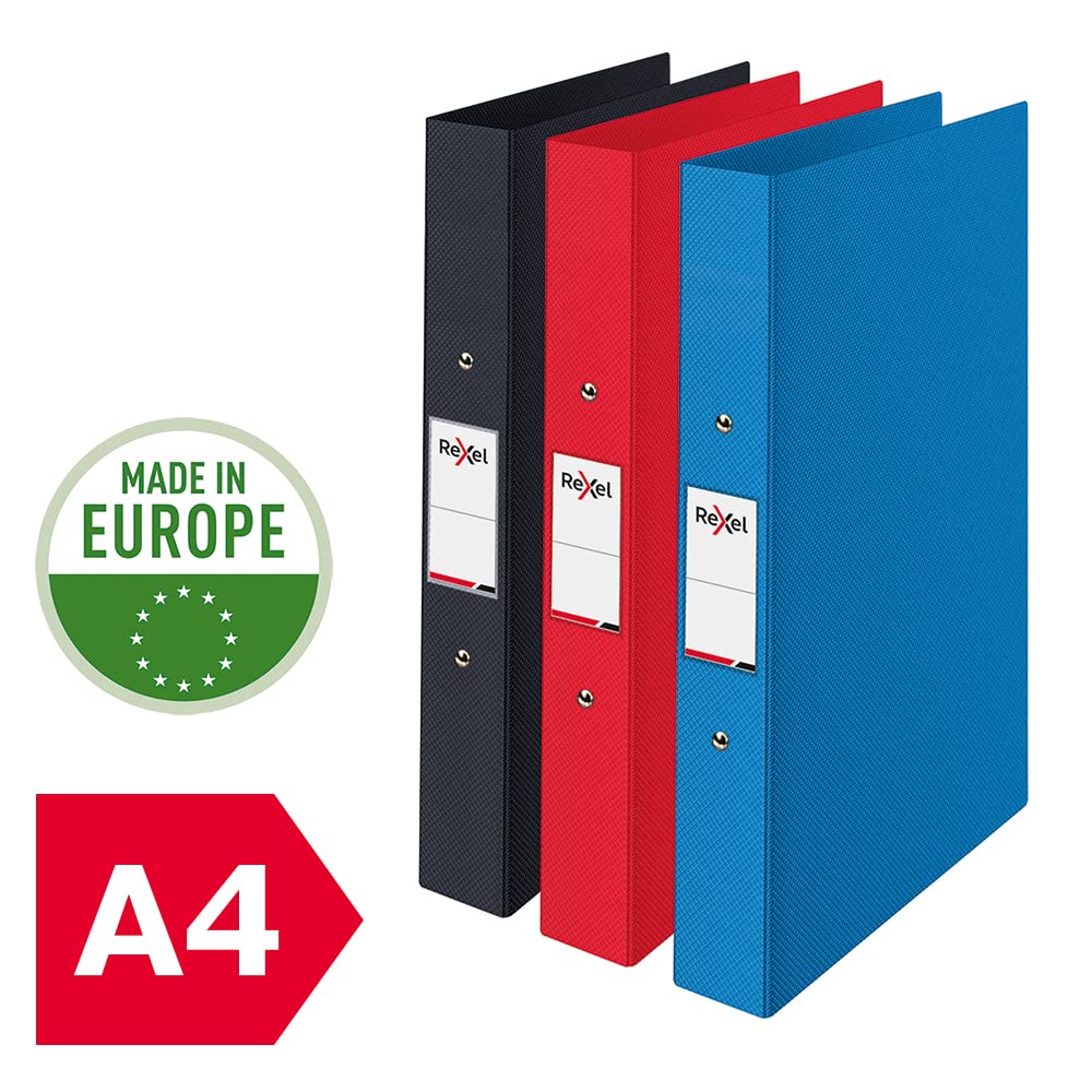Pack of 3 Assorted A4 2-Ring Polypropylene Binders, Holds 190 Sheets