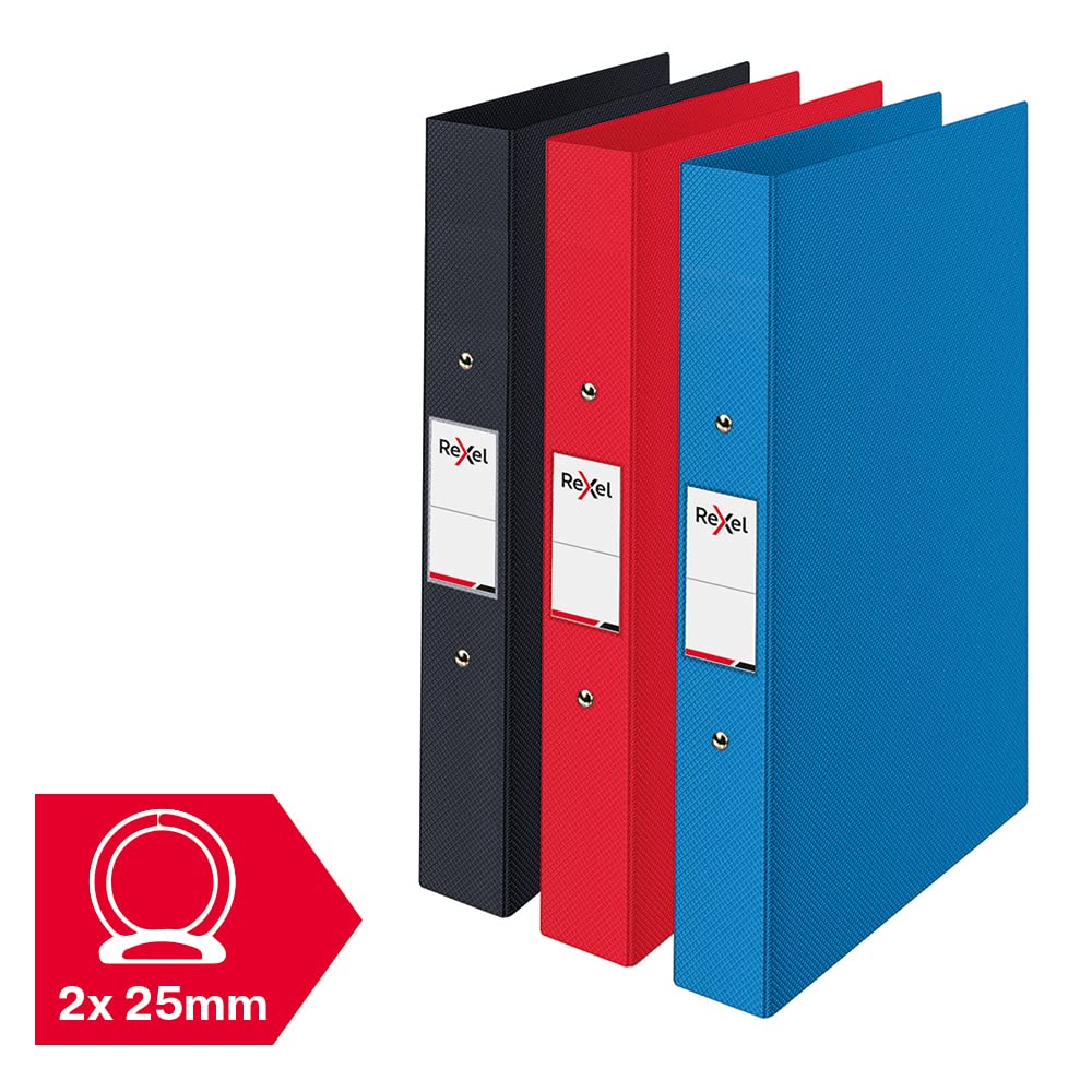 Pack of 3 Assorted A4 2-Ring Polypropylene Binders, Holds 190 Sheets