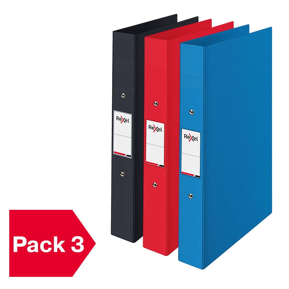 Pack of 3 Assorted A4 2-Ring Polypropylene Binders, Holds 190 Sheets