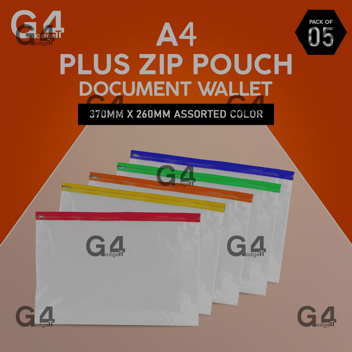 Pack of 5 A4 Plus Zipper Document Pouches 370 x 260mm Assorted Colors