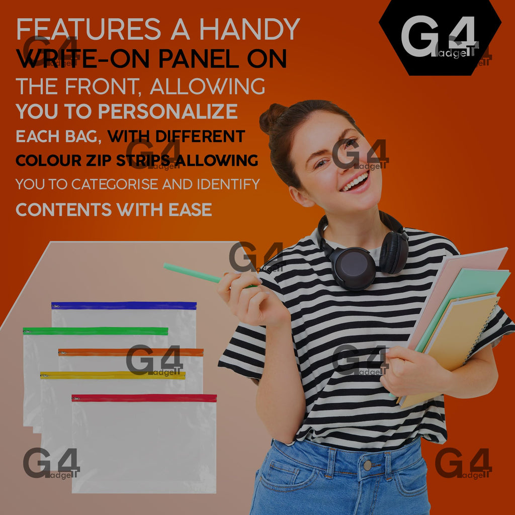 Pack of 5 A4 Plus Zipper Document Pouches 370 x 260mm Assorted Colors
