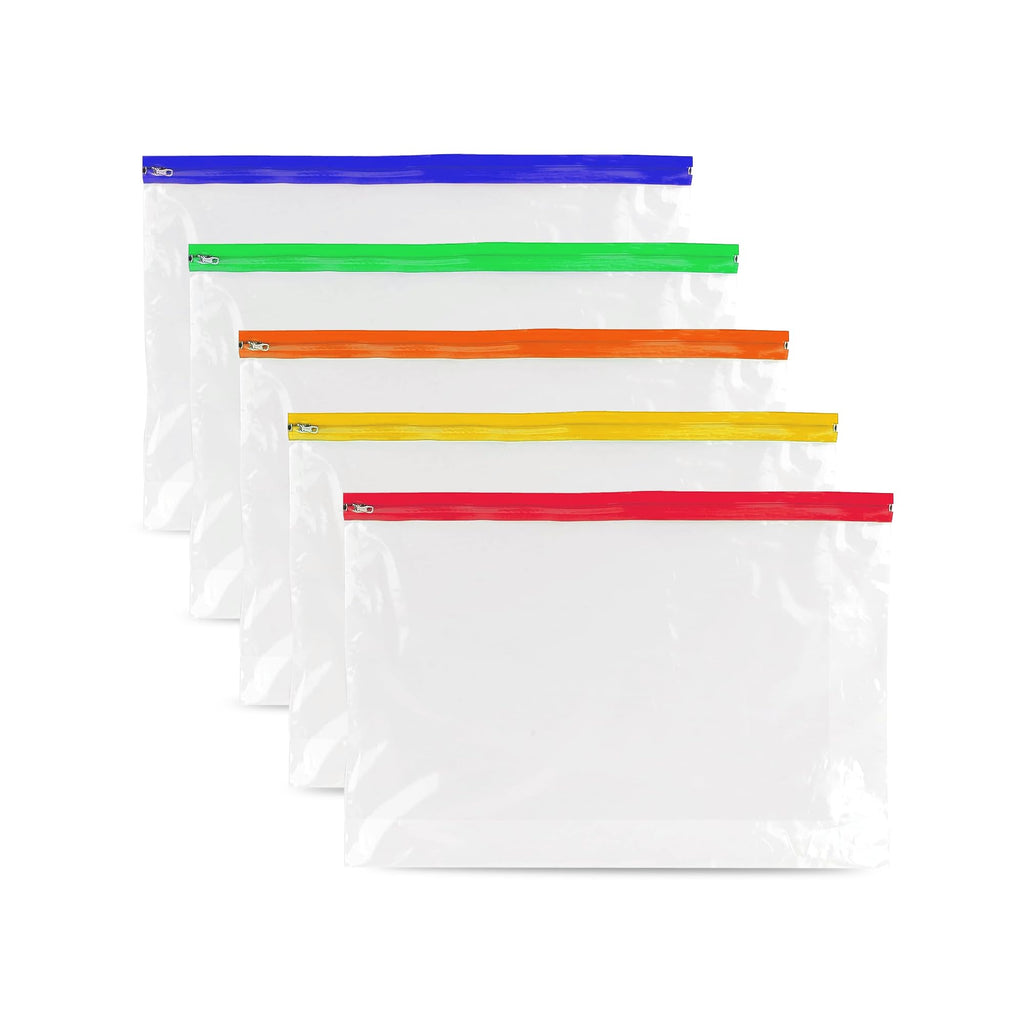 Pack of 5 A4 Plus Zipper Document Pouches 370 x 260mm Assorted Colors