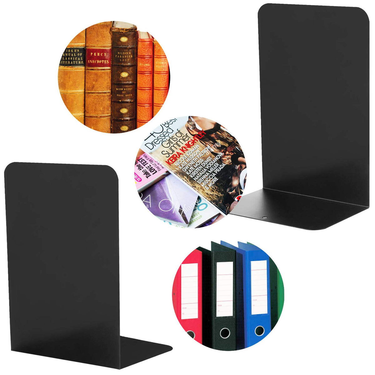 Pair of Classic Heavy-Duty Black Metal Bookends 8" (205mm)
